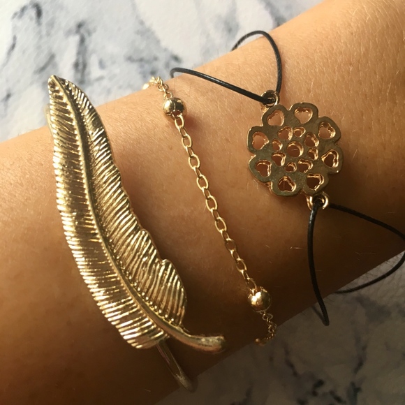 3-Piece Feather and Flower Gold Toned Bracelet Set - Picture 4 of 6